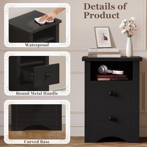 YESHOMY Nightstand Set of 2, Farmhouse Night Stand with 2 Storage Drawers and Open Shelf, Bedside Tables for Bedroom Small Space, Black YESHOMY