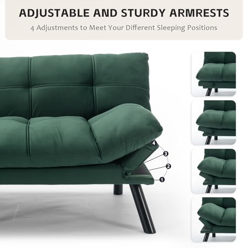 SoarFlash 67 Inch Futon Double Sofa Bed, 2 in 1 Velvet Loveseat Sofa with Adjustable Backrest Memory Foam for Living Room Bedroom Office Apartment Compact Couch(Green) SoarFlash