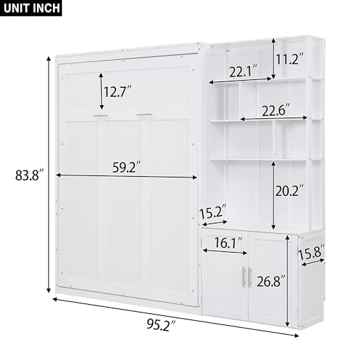 MERITLINE Full Murphy Bed with Cabinet and Storage Shelves, Wood Hideaway Murphy Wall Bed with Storage Bookcase for Adults (White,Full) MERITLINE