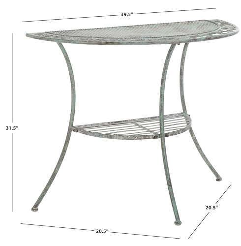 SAFAVIEH Outdoor Collection Genson Antique Dark Green Wrought Iron Half Moon Console Table SAFAVIEH