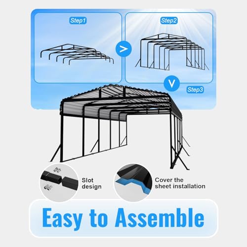 12x25FT Metal Car Port, Extended Carport 12x25 Heavy Duty with Reinforced Frame & Side Support Poles for All-Weather, Large Carport for Pickup Trucks, Boats, Cars & Tractors WUKHG