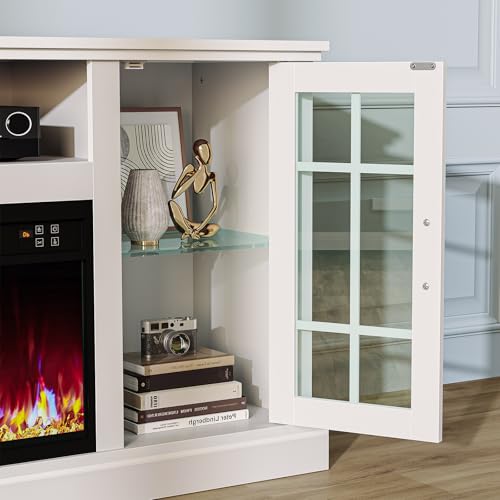 Rolanstar Fireplace TV Stand with Led and Power Outlets, White Entertainment Center with 26" Electric Fireplace for 45/50/55/60/65 inch TVs, Modern TV Console with Storage Cabinet for Living Room Rolanstar