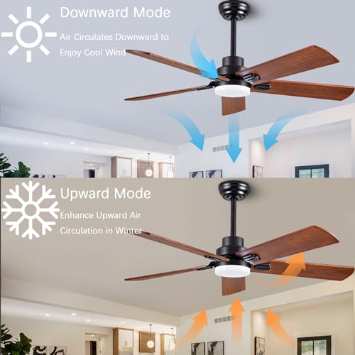 52-Inch Solid Wood with Remote Control with Light (LED) Modern DC DC Motor Indoor/Outdoor 5-Blade Ceiling Fan for Patios, Bedrooms and Farmhouses (Black + Walnut) dearnow