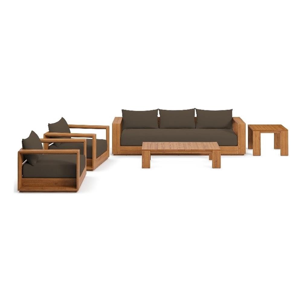Modway Tahoe Acacia Wood 5-Piece Outdoor Patio Furniture Set in Natural Cocoa - Includes Lounge Chair and Sofa with Weather-Resistant Cushions, Plus Coffee Table Modway