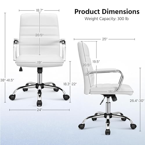 Yaheetech Office Desk Chair Mid-Back Leather Computer Chair Height Adjustable Ergonomic Executive Chair w/Lumbar Support Comfy Thick Padded Armrests and Seat, White Yaheetech