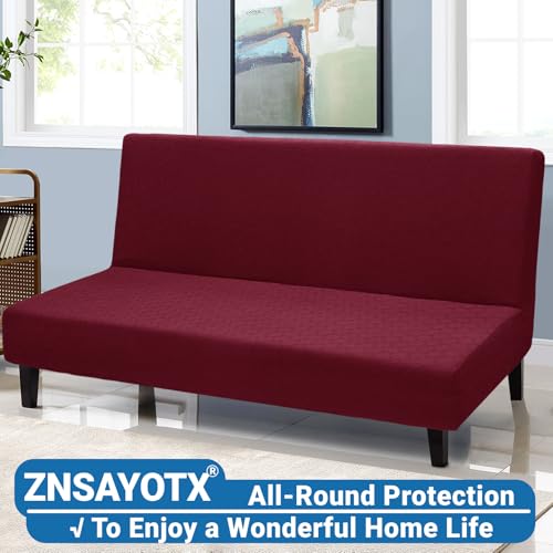 ZNSAYOTX Stretch Fit Futon Cover (67"-82") Armless Futon Sofa Bed Slipcover with Elastic Band, Universal Foldable Sofa Mattress Protector Full Queen Size, Washable Comfort Jacquard (Wine Red) ZNSAYOTX