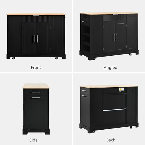 Ball & Cast Fluted Kitchen Island with Trash Can Storage Cabinet,Power Outlet,Internal Storage Rack,Rolling Kitchen Islands On 5 Wheels W/3 Drawers & 3 Open Side Racks for 10 Gallon Garbage Bin,Black Ball & Cast