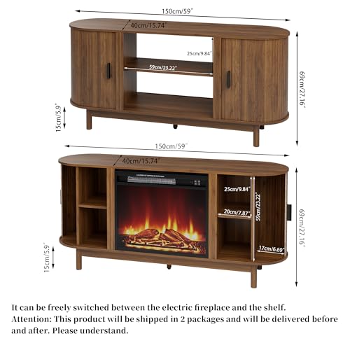 Jluomei Electric Fireplace TV Stand for 65 60 70 Inch TV, Fluted TV Stand, Entertainment Center with Storage, Wood Media Console Cabinet with Sliding Doors, Adjustable Shelves, Living Room, Walnut Jluomei