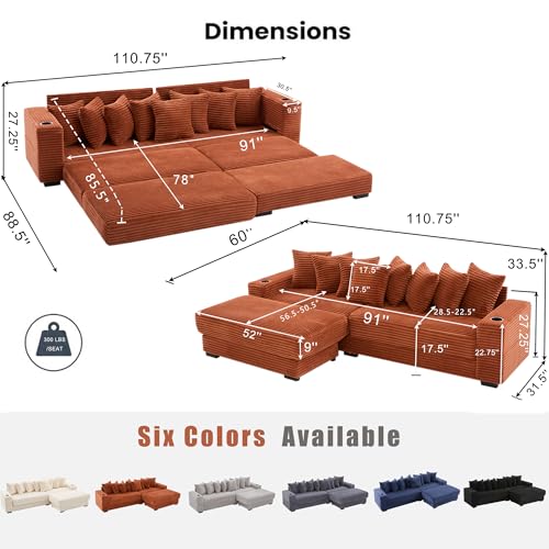 Modular L Shaped Sectional Couch Sofa with Movable Footstool, Cup Holders, 8 Pillows, Side Pockets, Converts to Bed, 110.75 Inch Corduroy Fabric for Living Room,Orange Generic