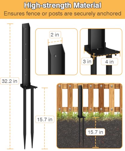 Mokeyder Fence Post Anchor Kit, Heavy Duty Metal Steel Fence Post Repair Kit, Fence Post Anchor Stakes Ground Spike for Repairing Tilted/Broken Wood Fence Post, Double-Tube Style, 2 Packs Mokeyder