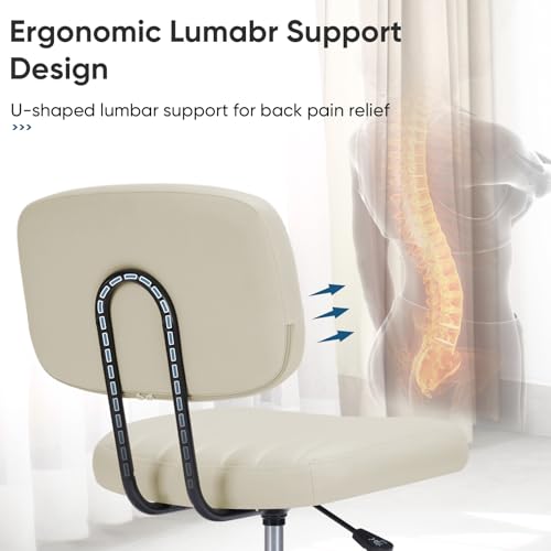 DUMOS Armless Home Office Desk Chair -Small Ergonomic with Low Back Lumbar Support, Height Adjustable PU Leather Computer Task with 360° Swivel Rolling Wheels, for Small Space, Beige White DUMOS