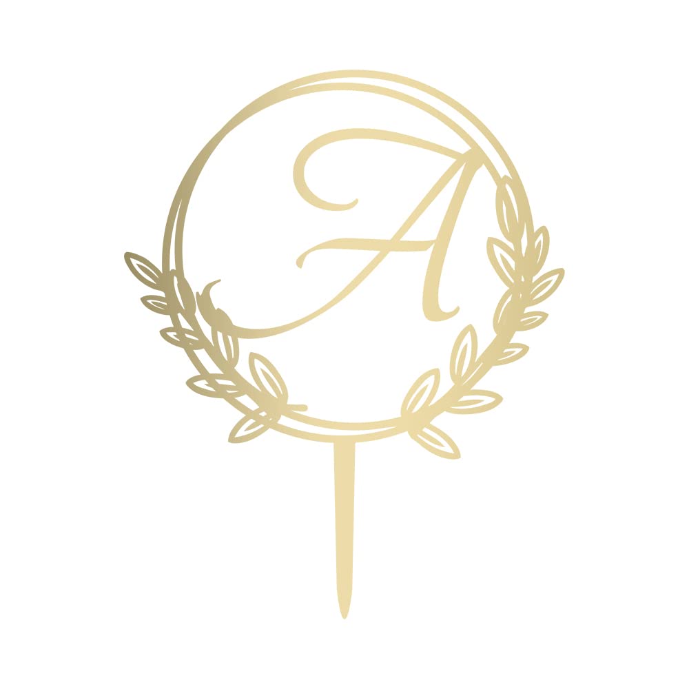 Vinisong Personalized Initial Letter A Golden Cake Topper Wooden Cake Decoration Wreath Cake Topper Perfect for Birthday Rustic Wedding Anniversary Keepsake Party Decoration Vinisong