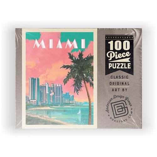 MyPuzzle Miami, FL: South Beach, Vintage Poster - Premium 100 Piece Jigsaw Puzzle for Adults MyPuzzle.com