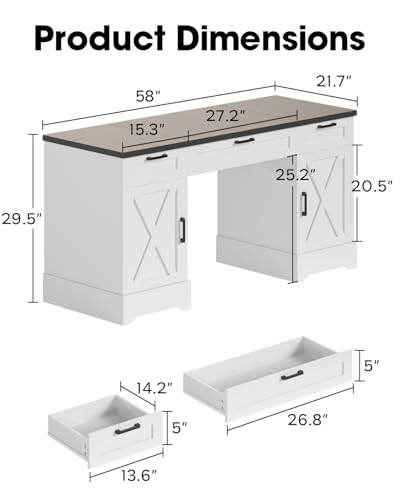 HOPUBUY Farmhouse Executive Desk with File Drawers,Wood Home Office Desk w/Charging Station,Adjustable Storage Cabinets,White Computer Writing Desk for Work,Study HOPUBUY