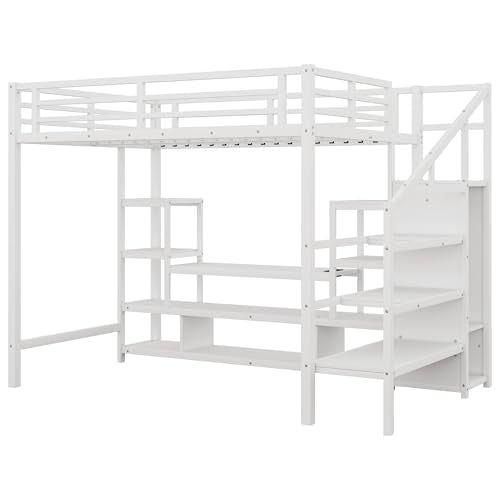 Full Size Loft Bed with LED Light & TV Table, High Loft Beds with Charging Station & Storage Bookcase, Wardrobe, Heavy-Duty Metal Lofts Frame with Stairs for Kids, Teens & Adults Dorms, White Mirightone