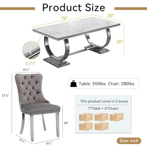 Goujxcy 7 Piece Marble Dining Table Set for 6, Luxury 70" White Marble Silver Kitchen Table with 6 Grey Velvet Upholstered Chairs, Modern 6 Person Dining Room Table Set for Kicken Dining Office Room Goujxcy