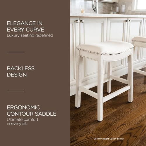 Maven Lane Adrien Saddle Bar Stool in White Oak Finish with Natural Fabric Upholstery Maven Lane