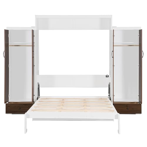 Flieks Full Size Murphy Bed, Wooden Full Wall Bed with Closet, Drawers and Desk, White Flieks