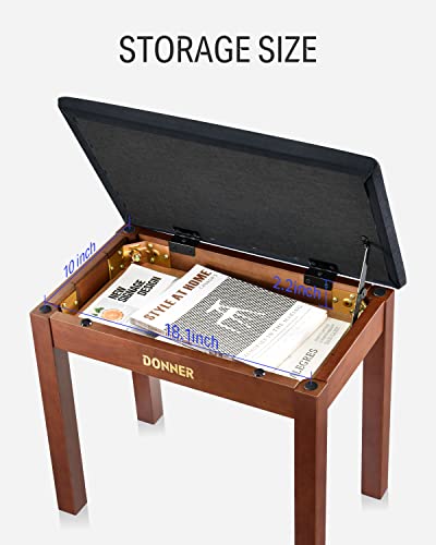 Donner Piano Bench with Storage, Solid Wood Keyboard Bench Piano Bookcase Stool Chair Seat with High-Density Suede Cushion, Brown Donner