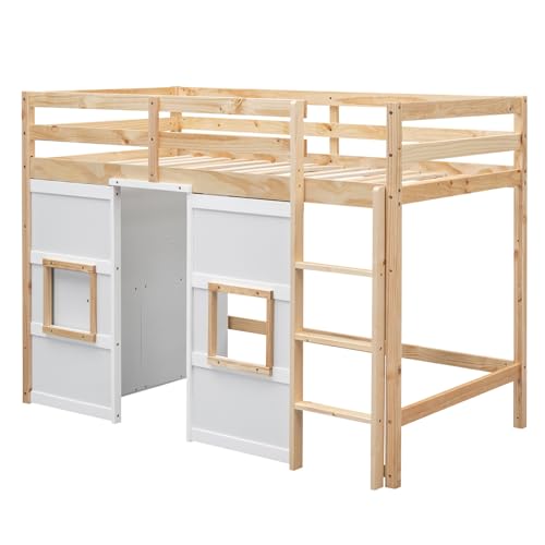 Merax Wood Loft Bed Twin Size with Storage Wardrobe, 2 Windows Design, for Teens, Boys & Girls, White Merax