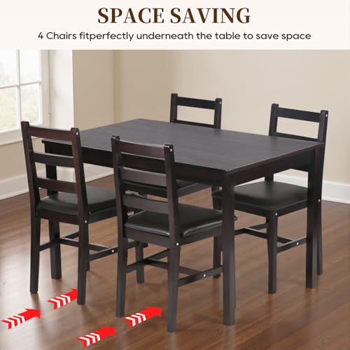 FDW | 5-Piece Solid Wood Dining Table Set for 4 | Brown | Space-Saving Design | Smooth Easy-to-Clean Surface | Pine Kitchen Table with Upholstered Chairs | for Dining Room, Apartment, Restaurant FDW