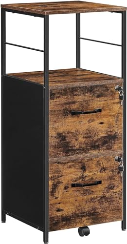 VASAGLE Cabinet for Home Office, with Lock and 2 Drawers, A4 and Letter Sized Files, Printer Stand, 15.8 x 16.1 x 42.5 Inches, Rustic Brown + Black VASAGLE