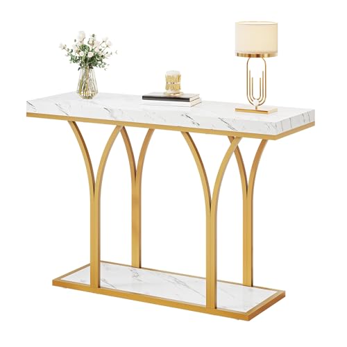 DWVO Gold Entryway Table with LED Lights, Modern 39-Inch Console Accent Table, Narrow Sofa Side Foyer Table with Faux Marble Top for Entrance, Entry Way, Hallway, Living Room DWVO