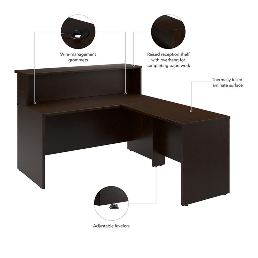 Bush Business Furniture Arrive 60W x 72D L Shaped Reception Desk with Shelf in Mocha Cherry Bush Furniture