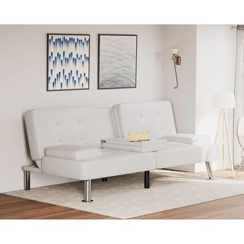 Flamaker Futon Sofa Bed Modern Folding Futon Set PU Leather Convertible Recliner Lounge for Living Room with 2 Cup Holders, Removable Armrests (PU Leather, White) Flamaker