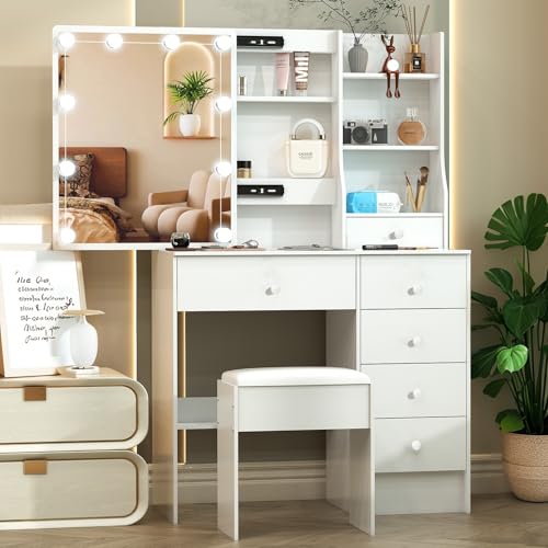 Teousev Small Vanity Desk with Mirror and Lights,White Vanity with 6 Drawers 6 Shelves 1 Chair,3 Lighting Colors Adjustable,31.5" L*14.2" W*51.2" H Teousev
