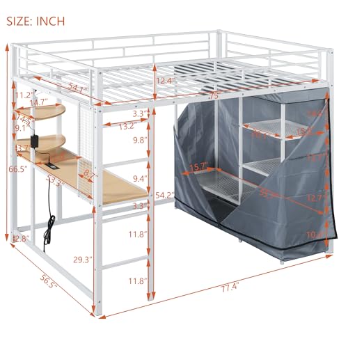 Harper & Bright Designs Loft Bed Full Size with Desk, LED Lights,Charging Station, Full Metal Loft Bed Frame with Wardrobe & Storage Shelve, 12.4" H Safety Guardrail, No Box Spring Needed,White Harper & Bright Designs