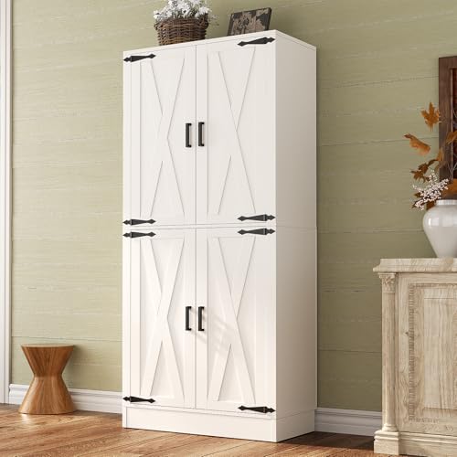 Unikito 71" Tall Kitchen Pantry Storage Cabinet with Farmhouse Barn Doors and Storage Drawer, 4 Adjustable Shelves, Freestanding Cupboard for Dining Room, Living Room, Utility Room, White Unikito