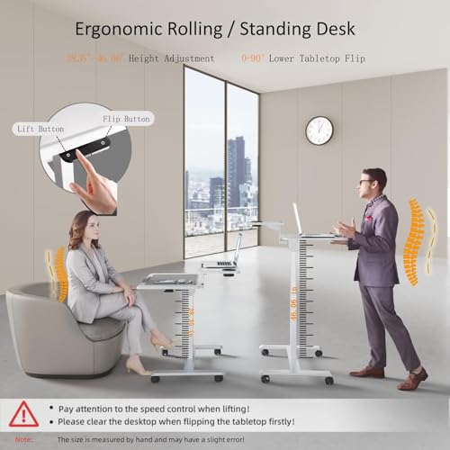 TecbL Pneumatic Standing Desk with Wheels - Adjustable Height 28" - 46" & 0-90° Tilt, 31.5" x 17.7" Skin-Feel Desktop, Rolling Computer Desk for Home Office, Hospital, School (White) TecbL