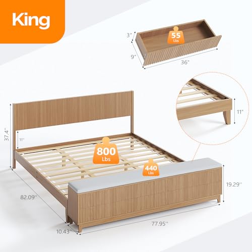 VINGLI Fluted King Bed Frame with headboard and Storage Bench, Boho Wooden Single Platform Panel Bed with Wingback Headboard and 4 Drawers,Mid-Century Modern Sleign Bed,Oak VINGLI