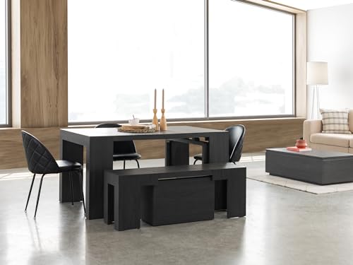 Transformer Table Dining Table Set for 4 to 12, Extendable Wood Dining Table 1 to 10 feet with Extendable Bench - Space Saving Furniture Wood (Black, Table + Bench) Transformer Table