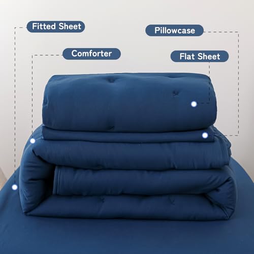 DreLunis 4-Piece Toddler Bedding Set for Boys Navy Blue Embroidery Kids Comforter Sets Soft Breathable Toddler Bed-in-a-Bag Includes Comforter, Flat Sheet, Fitted Sheet, Pillowcase DreLunis