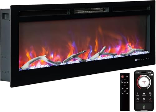 50 Inch Smart Electric Fireplace with Alexa & WiFi, Wall Mounted/Recessed Insert, 1500w Heater, Remote & Touch Control, 25 Flame/Ember Colors, Timer & Adjustable Heat, Black Takywep