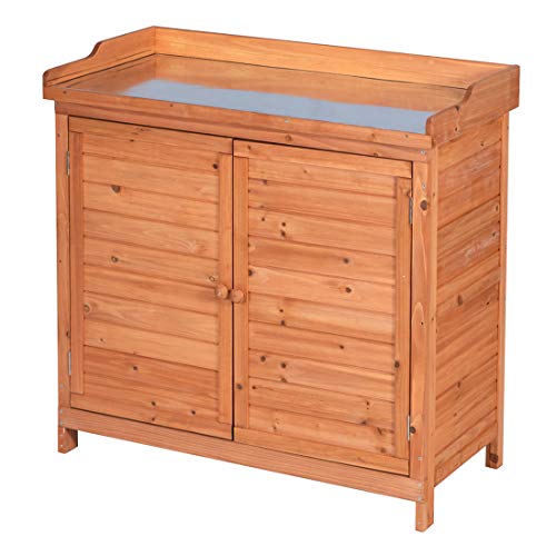 Outdoor Garden Patio Wooden Storage Cabinet Furniture Waterproof Tool Shed with Potting Benches Outdoor Work Station Table (Natural) GDLF