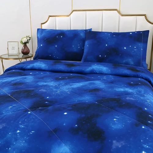 SDIII 3PCS Blue Galaxy Comforter Set Full, Soft Microfiber Lightweight Blue and Pink Space Comforter Full, Galaxy Bedding for Boys Girls Kids Teens SDIII