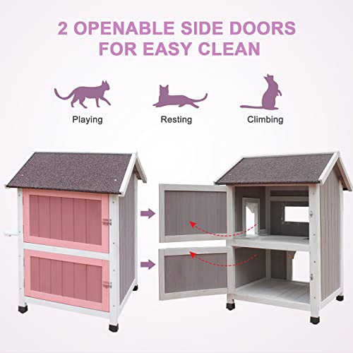 HiCaptain Outdoor Cat House for Feral Cats, Weatherproof Outside Cat Shelter Wooden 2 Story Large Kitty House with Escape Door HiCaptain
