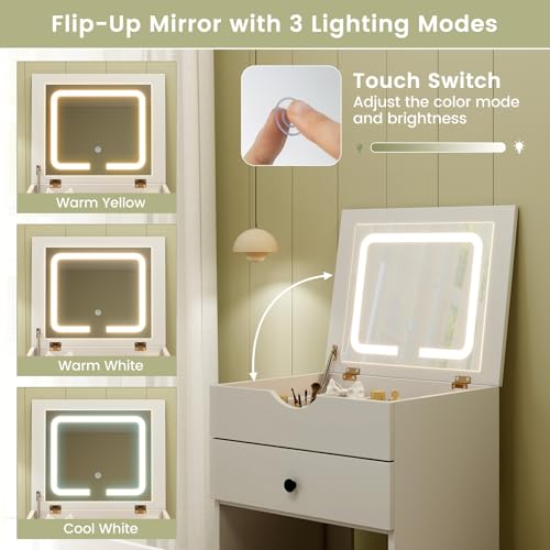 CHARMAID Small Vanity Desk Set, Makeup Vanity Table with Flip-up Lighted Mirror, Storage Bench, 2 Drawers, 8 Wheels, White Girls Dressing Table Nightstand for Small Space Bedroom CHARMAID