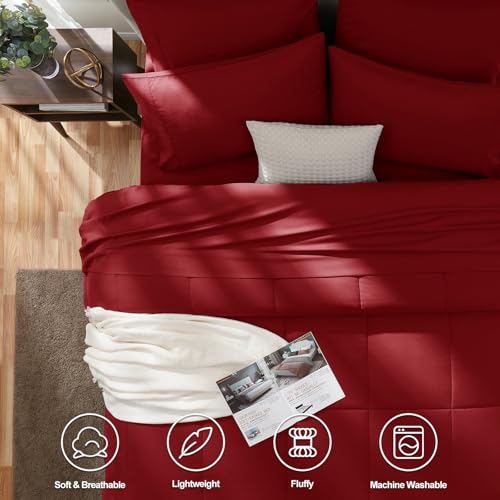 CozyLux Full Size Comforter Sets Dark Red, 7 Pieces Bed in a Bag, Red Comforter Full Size, All Season Bedding Sets with Stitch Quilted Comforter, Flat Sheet, Fitted Sheet, Pillowcases CozyLux