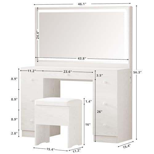 IRONCK Vanity Desk with LED Lighted Mirror & Power Outlet, 7 Drawers Makeup Vanities Table with Stool, for Bedroom, White IRONCK
