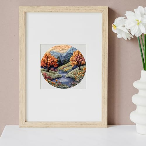FONNUY Embroidery Kit for Beginners, Boho Nature Landscape Pre-Stamped Pattern Kits for Adults with Hoop, Easy to Follow Color Thread Needlework, 8'' Hoop (Mountain Trail)