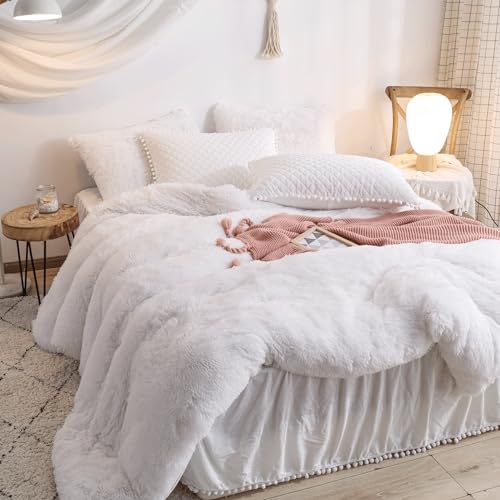 HAIHUA Faux Fur White Comforter Cover Twin Set, Fuzzy White Twin Bedding Set 2 Pieces (1 Fluffy Duvet Cover + 1 Plush Plush Pillow Cases) Furry Bed Set, Fluffy Bed Set, Zipper Closure HAIHUA