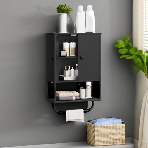MAHANCRIS Bathroom Wall Cabinet with 2 Door and Adjustable Shelf, Farmhouse Medicine Cabinet with Towel Rack, 3-Tier Wall Mounted Storage Cabinet Over The Toilet for Bathroom Laundry Room, Black MAHANCRIS