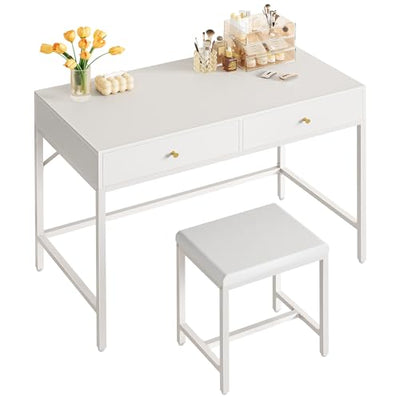 SUPERJARE 35.4" White Desk with 2 Drawers, Modern Makeup Vanity with Padded Stool, Small Computer Desk Home Office Desk for Writing Study Bedroom