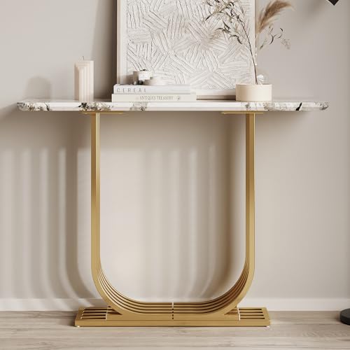 GDFStudio 43.3" Modern Console Table, Narrow Wooden Entryway Table with Imitation Marble Top and Gold Metal Base, Accent Sofa Table Behind Couch for Living Room Foyer Hallway, White+Gold GDFStudio