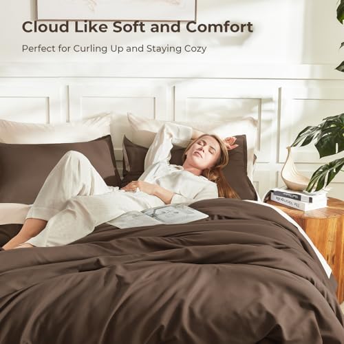 Litanika Brown Comforter Set Full Size, 3 Pieces Lightweight Solid Bedding Comforter Set, All Season Fluffy Bed Set (79x90In Comforter & 2 Pillowcases)