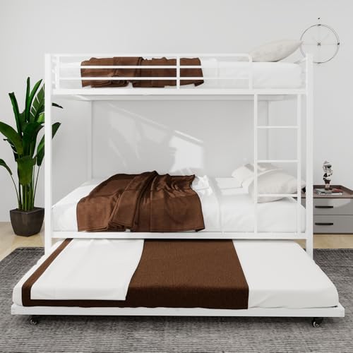 Bellemave Metal Bunk Bed with Trundle, Full Over Full Bunk Twin Trundle and Guardrail and Ladder for Kids/Teenagers, Adults, White Bellemave